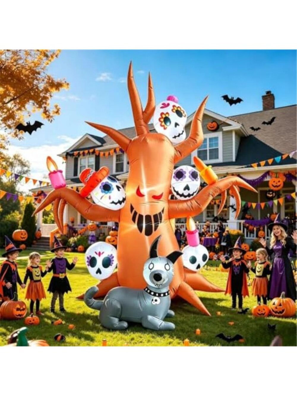 8FT Halloween Inflatable Outdoor Decorations Haunted Tree with Skeleton Dog